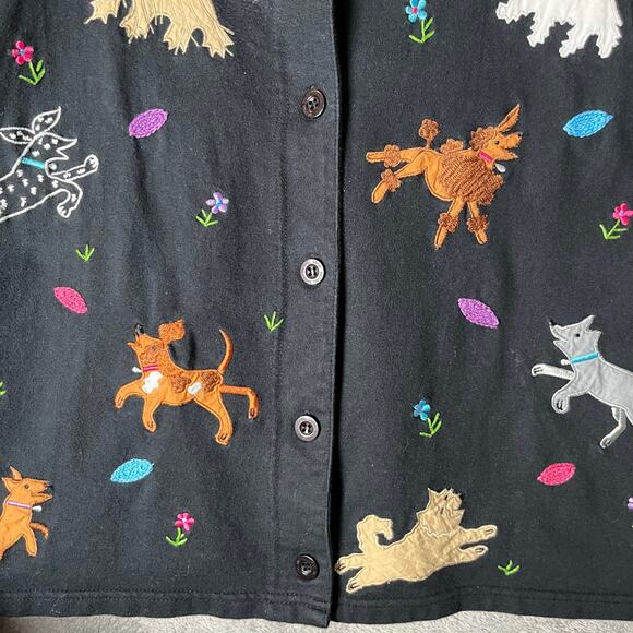Vintage Whimsical Puppy Embroidered Cardigan Black Button Up Dog Lover Medium - Picture 3 of 7